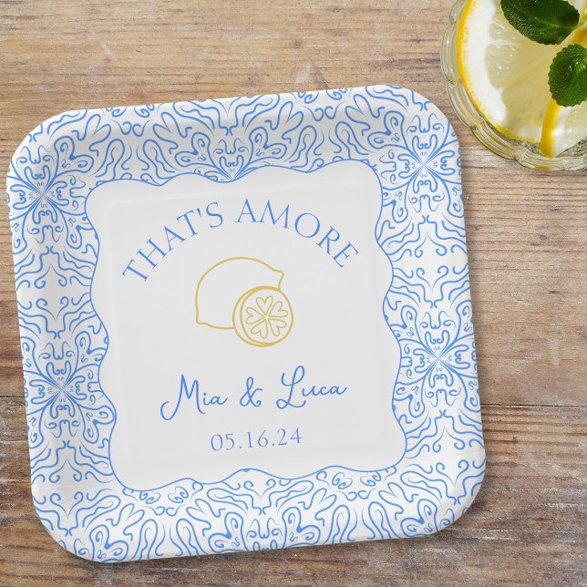 Das ist Amore Lemon Tiles Fun Mediterranean Weddin Pappteller (Add a playful touch to your wedding with these personalized 'That's Amore' lemon paper plates.)