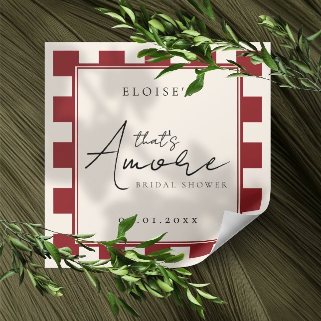 Das ist Amore Rot karierte Brautparty  Quadratischer Aufkleber (Channel a romantic vibe with this That's Amore Red Checkered Bridal Shower Sticker! )
