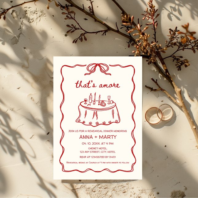 Das ist das illustrierte Abendessen in der Hand Einladung (That's amore Red Wedding Rehearsal Dinner Hand Drawn Invitation)