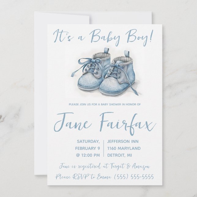 Das ist ein Baby Boy! Blue Baby Shoes Baby Shower Einladung (Vorderseite)
