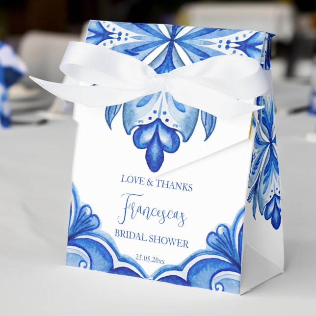 Das ist ein italienisches Brautparty aus blauem Fl Geschenkschachtel (That's amore Blue tiles lemons vintage Italian citrus bridal shower personalized printed Favor Boxes)