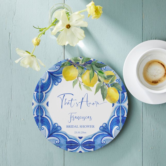Das ist ein italienisches Brautparty aus blauem Fl Pappteller (That's amore vintage Italian blue tiles lemons bridal shower printed Paper Plates personalized decor)