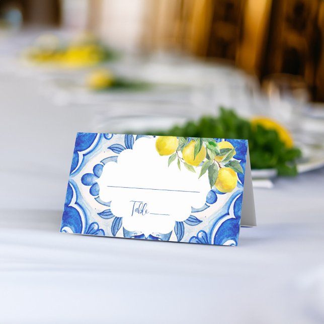 Das ist ein italienisches Brautparty aus blauem Fl Platzkarte (That's amore vintage Italian Blue tile lemon bridal shower wedding Place Card personalized decor)