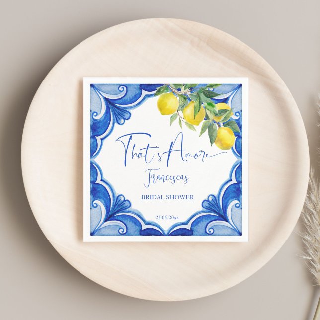 Das ist ein italienisches Brautparty aus blauem Fl Serviette (That's amore Blue tiles lemons vintage Italian bridal shower personalized Napkins table decor)