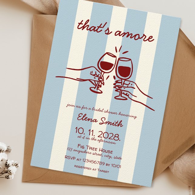 Das ist ein italienisches Brautparty von Hand geze Einladung (that's amore bridal shower invitation hand drawn Italian inspired co-ed shower red blue wine pizza)