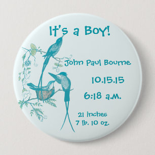 Das ist ein Junge! Aqua Vintag Bird Mama Vater Kno Button