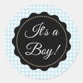 Das ist ein Junge! Baby Shower Blue Gingham Sticke Runder Aufkleber
