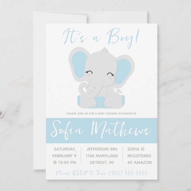 Das ist ein Junge! Blue and Gray Elephant Baby Dus Einladung (Vorderseite)