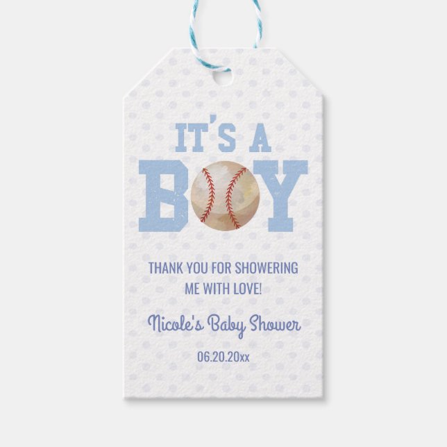 Das ist ein Junge! Blue Baseball Baby Dusche Geschenkanhänger (Vorderseite)