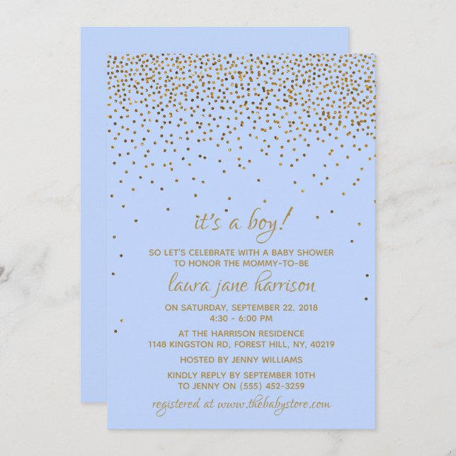 Das ist ein Junge! Blue & Gold Confetti Baby Dusch Einladung (Vorne/Hinten)