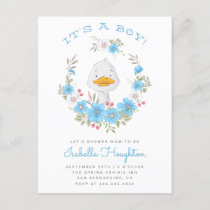 Das ist ein Junge! Duck & Blue Floral Wreath Baby Einladungspostkarte