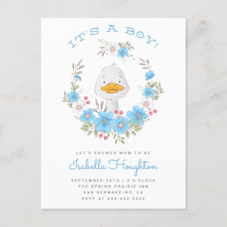 Das ist ein Junge! Duck & Blue Floral Wreath Baby Einladungspostkarte