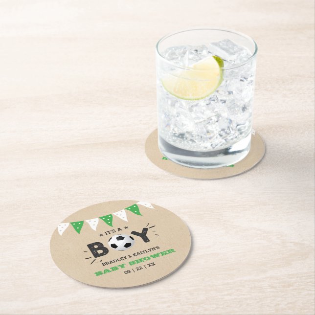 Das ist ein Junge! Fußball-Kinderdusche Runder Pappuntersetzer (Vor Ort)