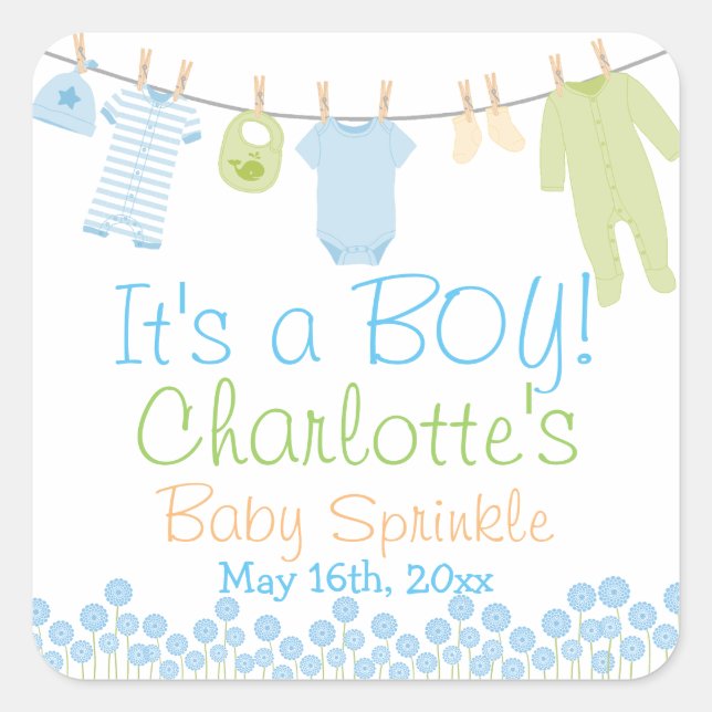 Das ist ein Junge! Lil Clothes Blue & Green Baby S Quadratischer Aufkleber (Vorderseite)