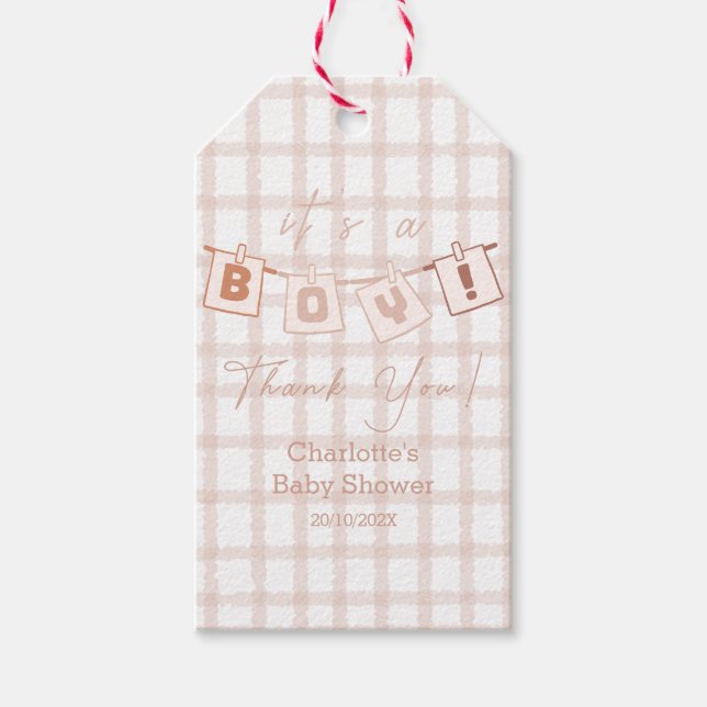 Das ist ein Junge! Niedlich Brown Gingham Notedry  Geschenkanhänger (Vorderseite)