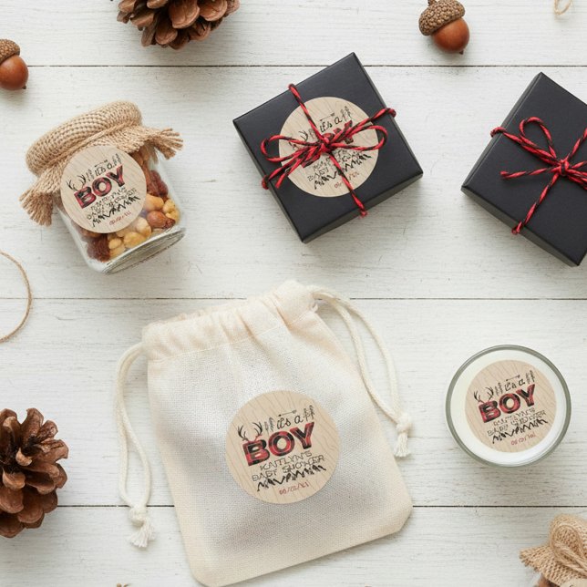 Das ist ein Junge! Rustikale Karierte Lumberjack B Runder Aufkleber (Von Creator hochgeladen)