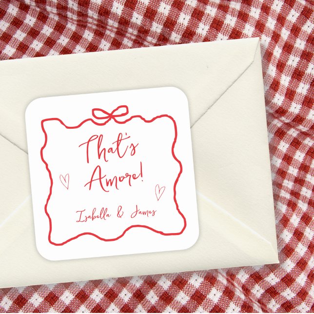 Das ist eine handgezeichnete Bow-Dusche für italie Quadratischer Aufkleber (That's Amore Hand Drawn Bow Italian Couples Shower Square Sticker)