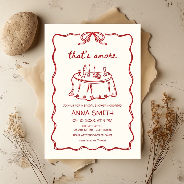 Das ist mehr handlich-illustriertes Rotes Brautpar Einladung (That's amore Red Hand-drawn Quirky Funky Retro Bridal Shower Invitation with bow and hendlettering)
