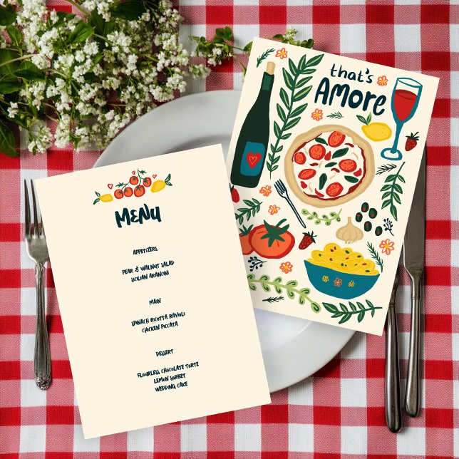 Das ist mehr italienische Liebe Lebensmittel Whims Menükarte (That's Amore Italian Food Love Whimsical CUSTOM MENU Wedding Engagement Anniversary Menu
)