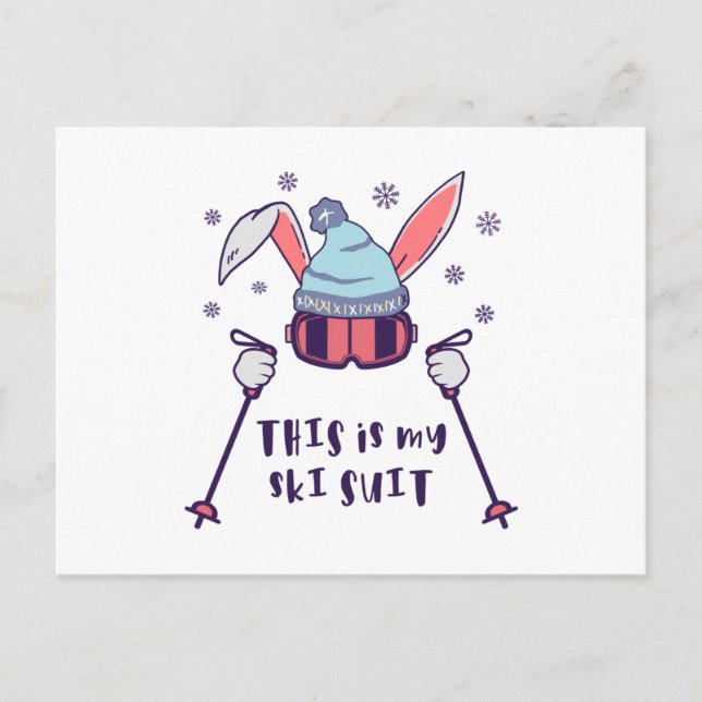 Das ist mein Ski-Anzug-Kaninchen mit Skistöcken Postkarte (Vorderseite)