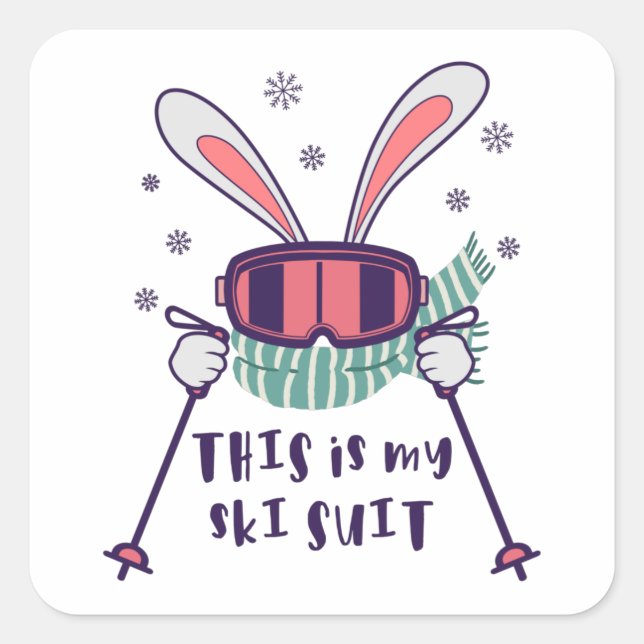 Das ist mein Ski-Anzug-Kaninchen mit Skistöcken Quadratischer Aufkleber (Vorderseite)
