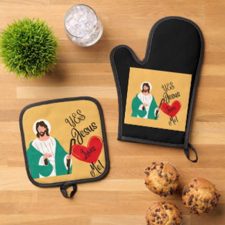 Das "Ja, Jesus liebt mich" Gelb Ofenhandschuh & Topflappen-Set
