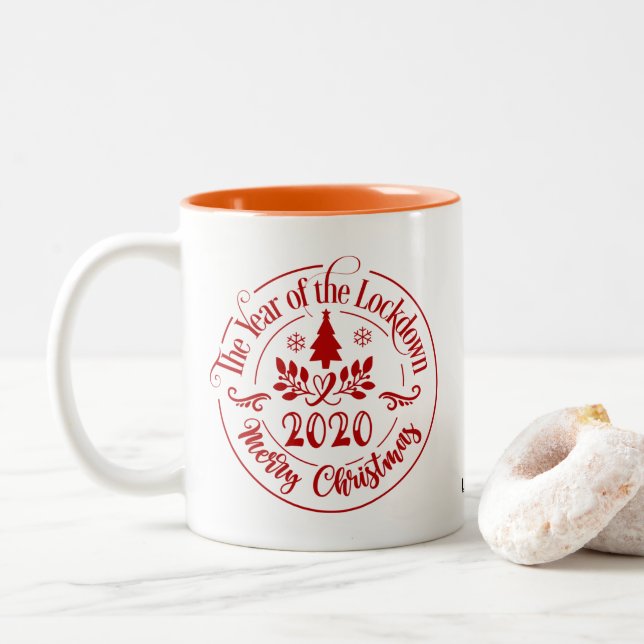 Das Jahr der Blockade 2020 Frohe Weihnachtsfeier Zweifarbige Tasse (Mit Donut)
