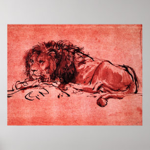 DAS KAP LION LIING DOWN, von Rembrandt Red Black Poster