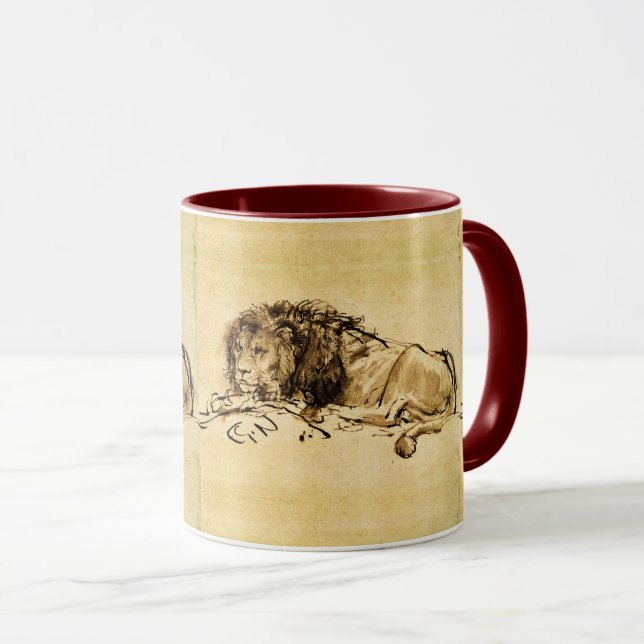 DAS KAP LION LYING DOWN, von Rembrandt Sepia, Blac Tasse (VorderseiteRechts)