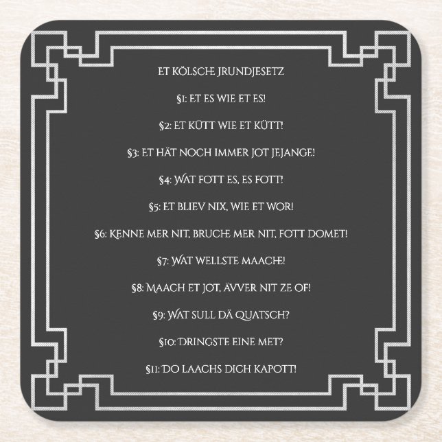 Das Kölsche Grundgesetz – Köln Cologne Jugendstil Rechteckiger Pappuntersetzer (Vorderseite)
