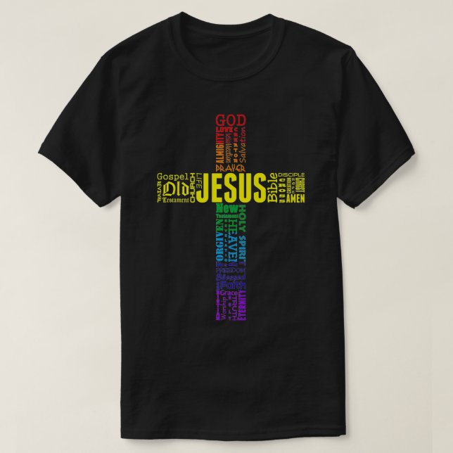 Das Kreuz Jesu Christi, Regenbogenwort Wolkenprämi T-Shirt (Design vorne)