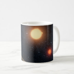 Das künstlerische Konzept illustriert Kepler-16b. Kaffeetasse