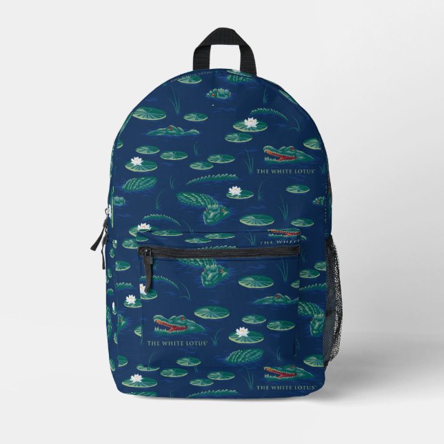 Das Lagoon-Muster des weißen Lotus Alligator Bedruckter Rucksack (Vorderseite)