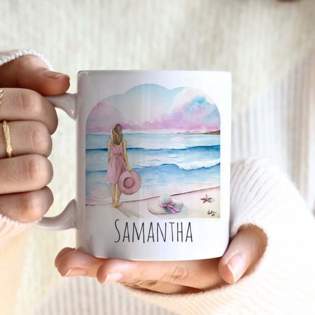 Das Leben am Personalisierten Strand ist besser Kaffeetasse (Personalized coffee mugs with name from "By The Shoreline" collection Victoria Grigaliunas beach art)
