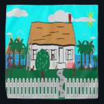 Das Leben am Strand Halstuch<br><div class="desc">Haus mit Zaun am Strand Wasser mit Bäumen und Blume rund um. Die Berge im Hintergrund. Zwei Frauen draußen trainieren, während eine Frau aus dem Fenster schaut, als das Radio spielt. Der Hund bellt den Wanderflamingo an, und das Segelboot geht ruhig vorbei.</div>