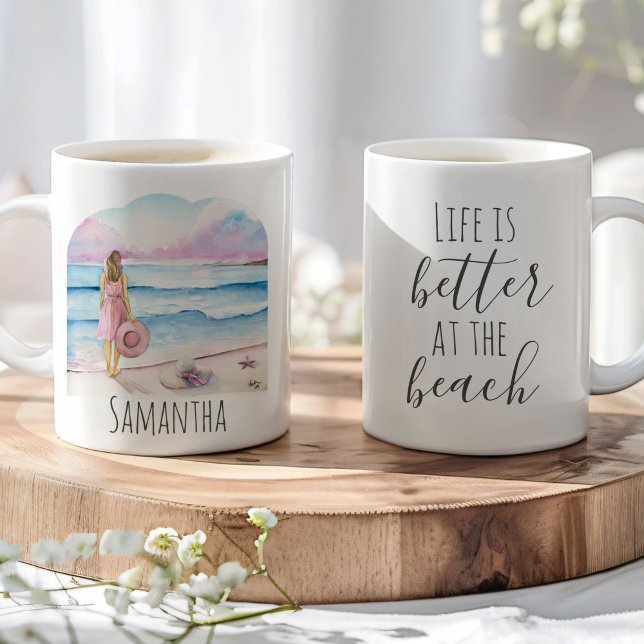 Das Leben am Strand ist besser Kaffeetasse (Beach coffee mugs watercolor pink and blue art by Victoria Grigaliunas of Do Tell A Belle)