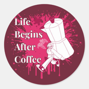 Das Leben beginnt nach dem Kaffee Moka-Kanne Kunst Runder Aufkleber