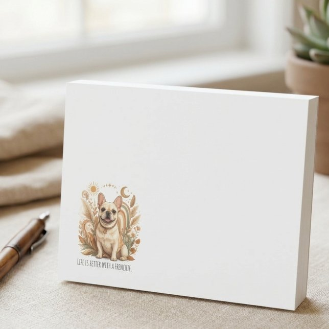 Das Leben ist besser mit Boho-Art eines Französche Post-it Klebezettel (A cozy desk notepad for Frenchie lovers, perfect for jotting down reminders throughout the workday.)
