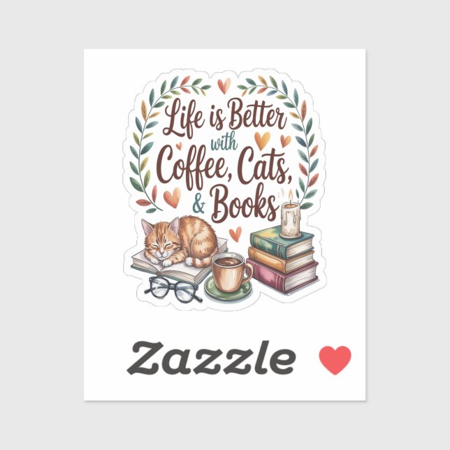 Das Leben ist besser mit Kaffee Katzen Büchern Aufkleber (Blatt)