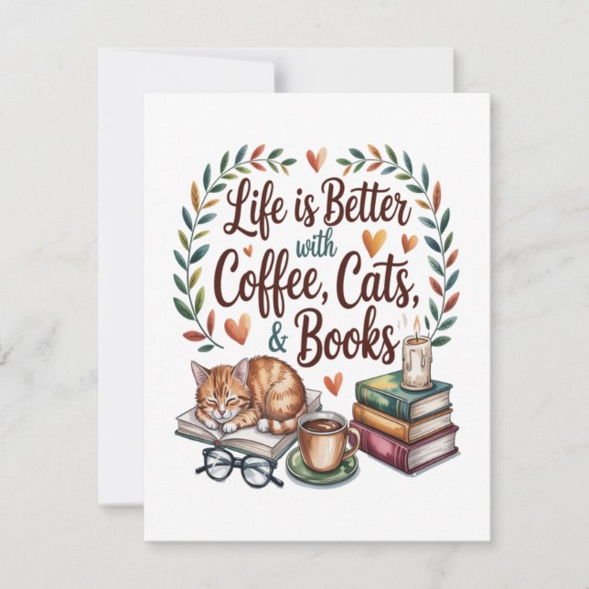 Das Leben ist besser mit Kaffee Katzen Büchern Einladung (Vorderseite)