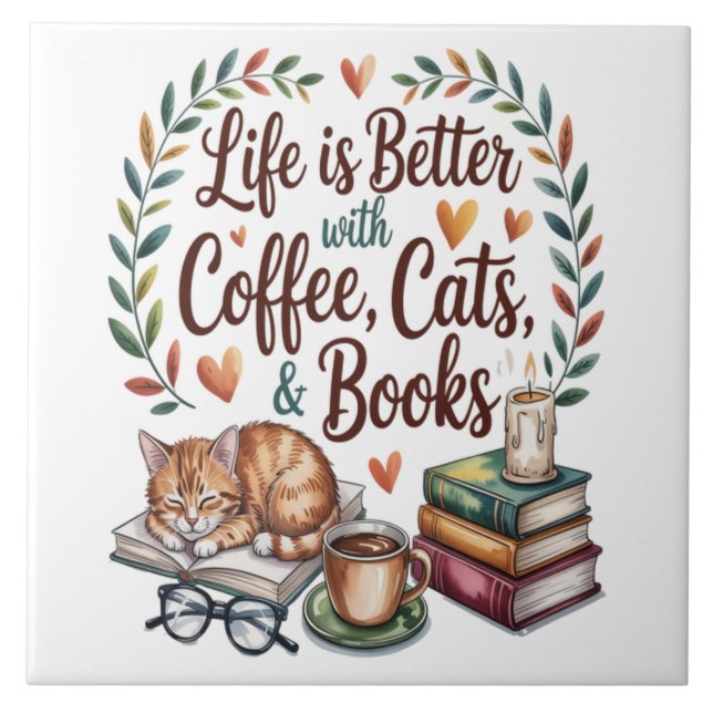 Das Leben ist besser mit Kaffee Katzen Büchern Fliese (Vorderseite)