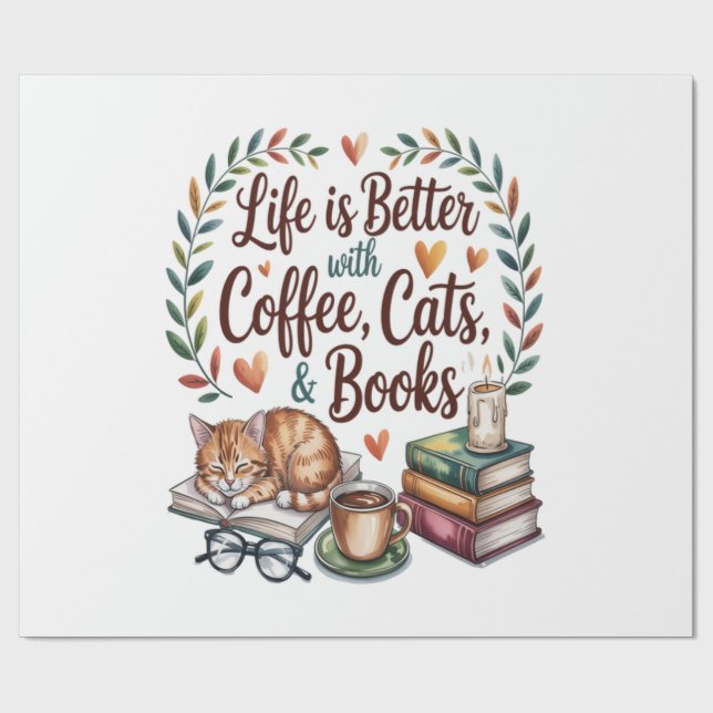 Das Leben ist besser mit Kaffee Katzen Büchern Geschenkpapier (Flach)