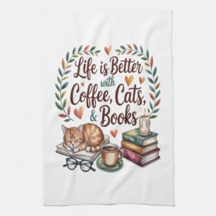 Das Leben ist besser mit Kaffee Katzen Büchern Geschirrtuch