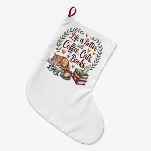 Das Leben ist besser mit Kaffee Katzen Büchern Großer Weihnachtsstrumpf