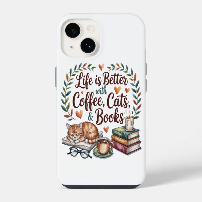 Das Leben ist besser mit Kaffee Katzen Büchern iPhone Hülle (Rückseite)