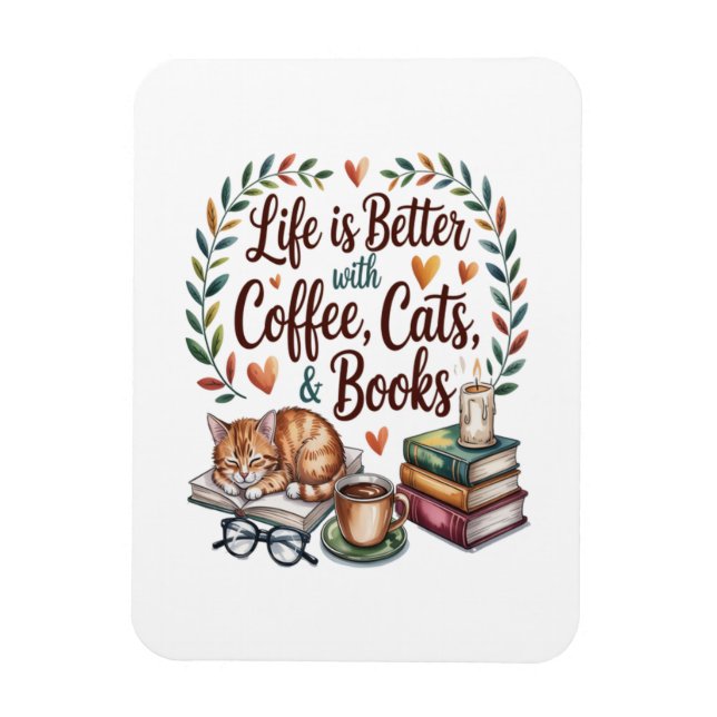 Das Leben ist besser mit Kaffee Katzen Büchern Magnet (Vertikal)