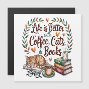 Das Leben ist besser mit Kaffee Katzen Büchern Magnetkarte