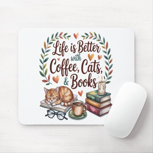 Das Leben ist besser mit Kaffee Katzen Büchern Mousepad (Mit Mouse)
