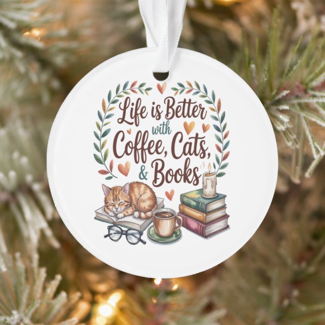 Das Leben ist besser mit Kaffee Katzen Büchern Ornament (Baum)