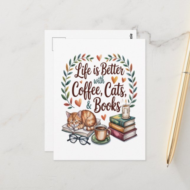 Das Leben ist besser mit Kaffee Katzen Büchern Postkarte (Vorderseite/Rückseite Beispiel)